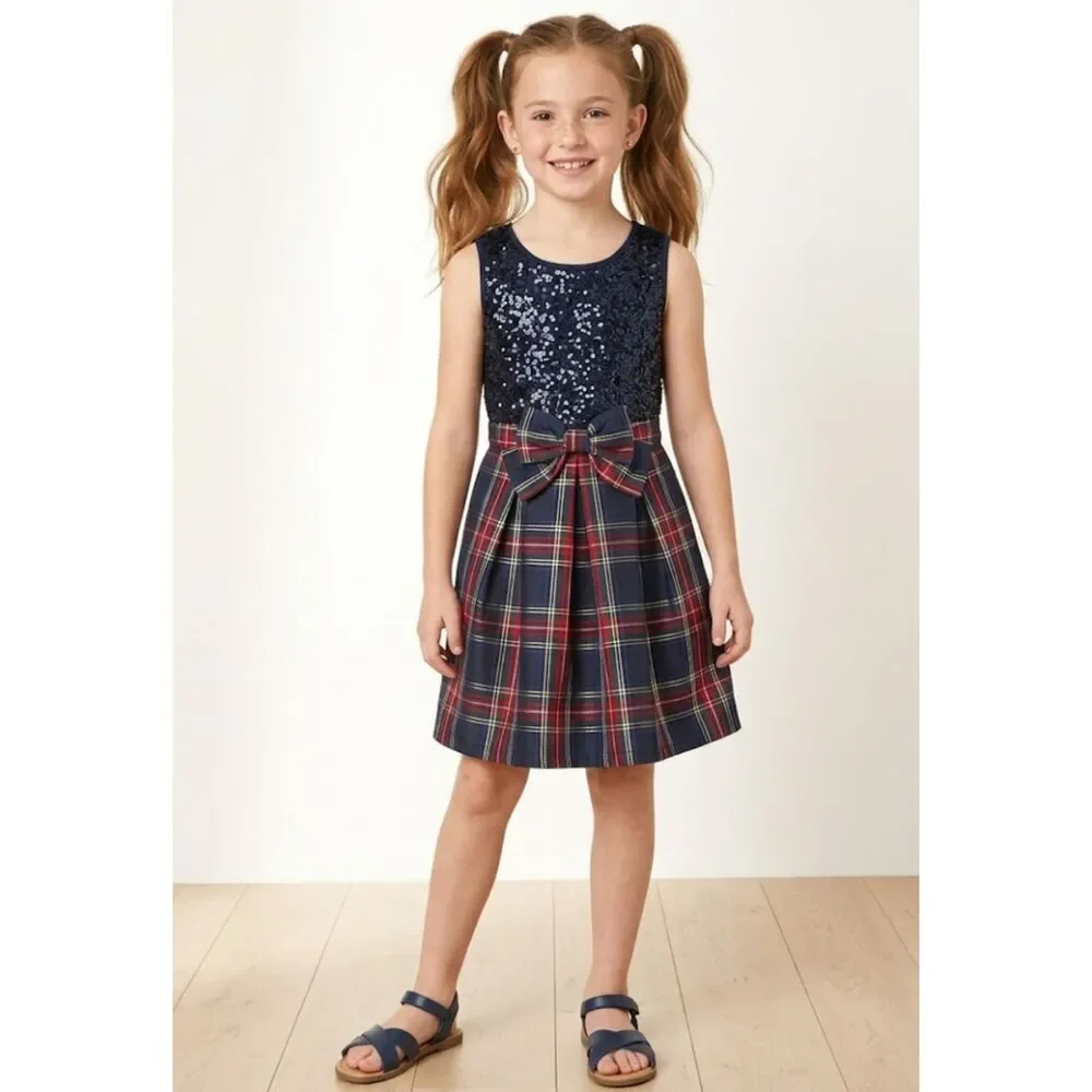 NEW The Children’s Place Matching Family Sequin Plaid Dress Girls Size 7/8 M